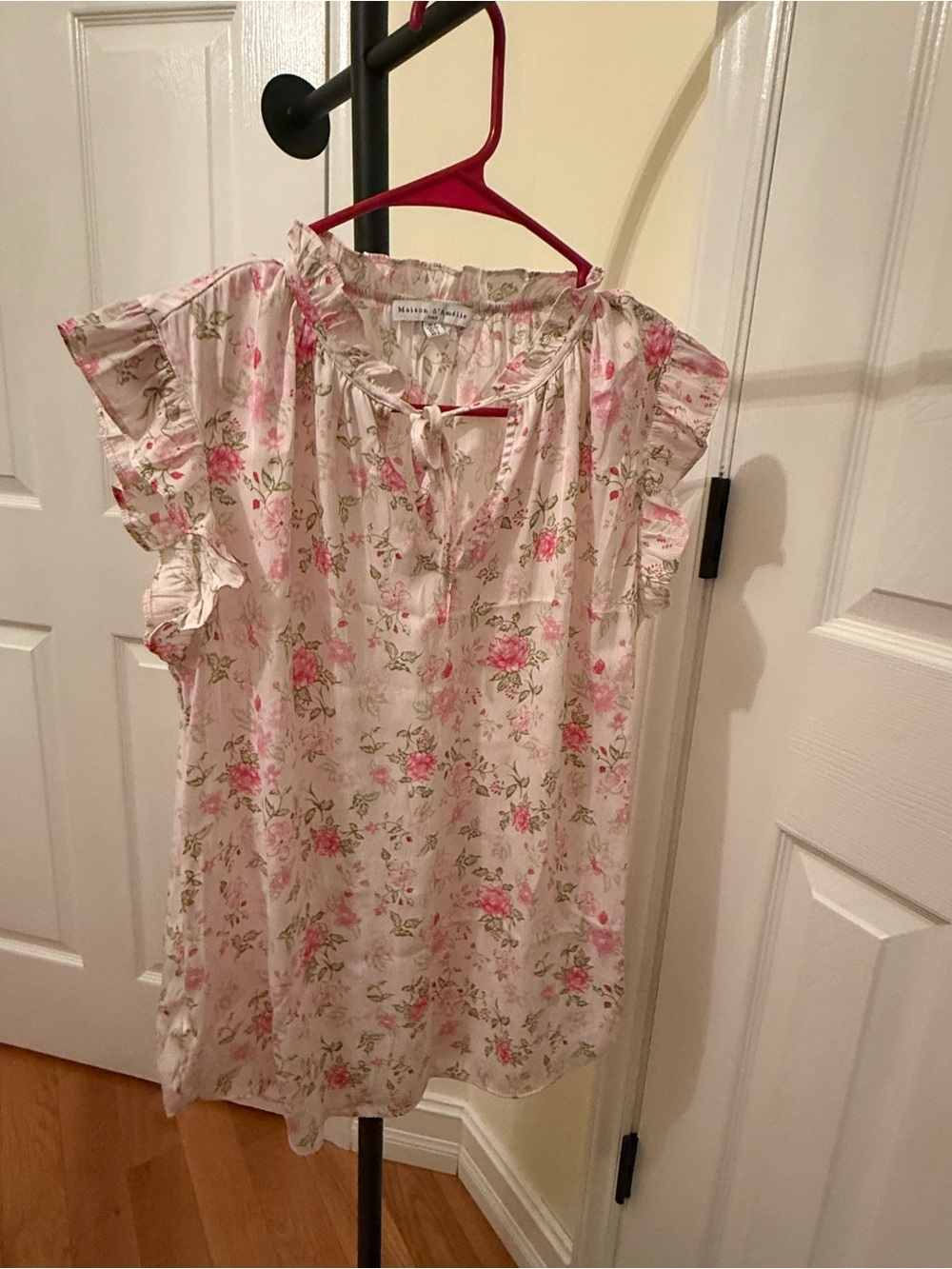 Maison d’Amélie Paris Floral Ruffle Flutter Sleeve Tie Neck Blouse Size S - Picture 4 of 5
